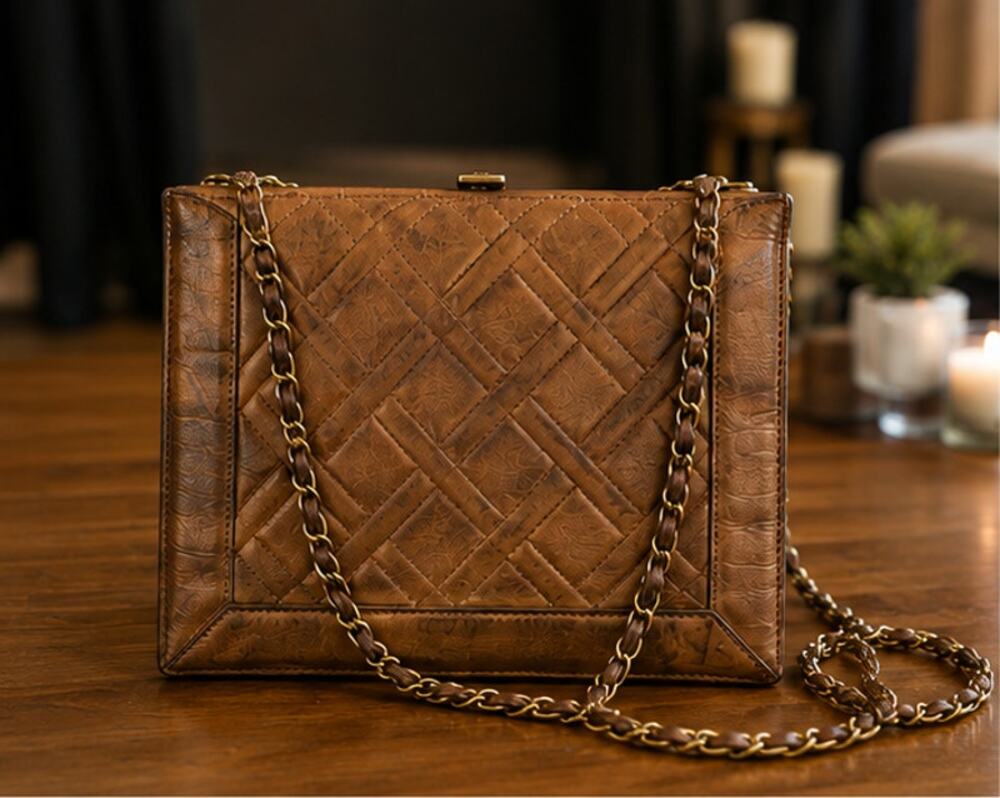 Vintage Saks Fifth Avenue Italy Copper Metallic Quilted Chain Shoulder Bag